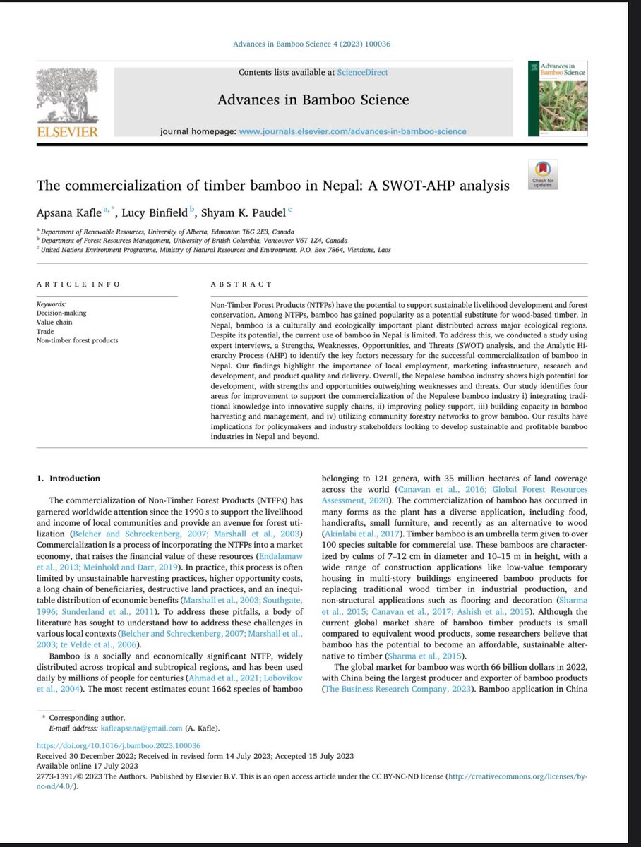 🚨 New paper alert 🚨

From <a href="/ApsanaKafle/">Apsana Kafle</a>, Shyam Paudel and myself in Advances in Bamboo Science from <a href="/ElsevierConnect/">Elsevier</a> . We discuss the commercialization of  #bamboo value chains in Nepal 🇳🇵

👉 sciencedirect.com/science/articl…

<a href="/DrJohnInnes/">John Innes</a> <a href="/ubcforestry/">@forestry.ubc.ca on Bluesky</a> @worldbamboo <a href="/INBARofficial/">INBAR</a>