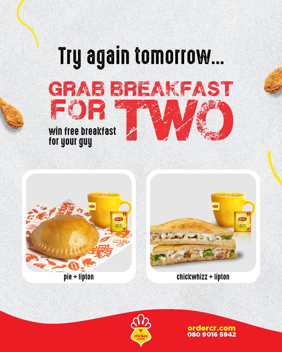 ChickenRepublic's tweet photo. Missed out on the free breakfast today? No worries! Come back tomorrow. We dey for you
ThisisOurRepublic #Breakfastdeyforyou #nigerianbreakfast ππΎ https://t.co/EceNUtDFXO