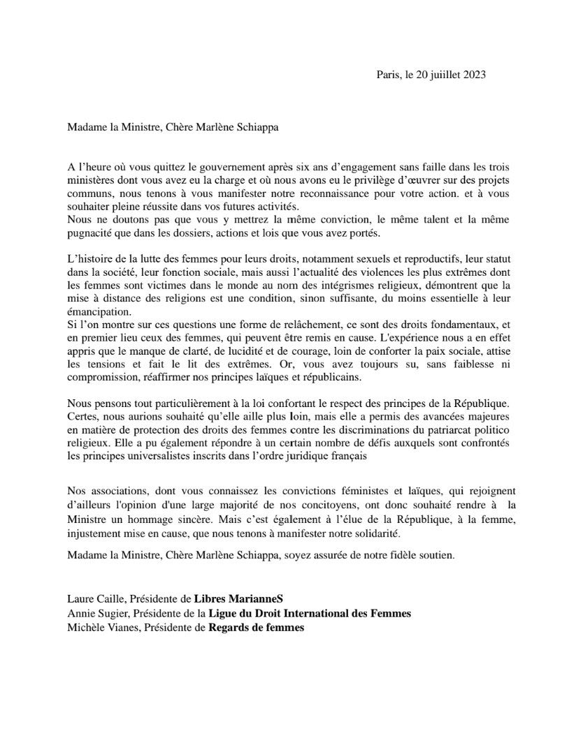 «  <a href="/MarleneSchiappa/">🇫🇷 MarleneSchiappa</a>, à l’heure où vous quittez le Gouvernement, après 6 ans d’engagement sans faille dans les 3 ministères dont vous avez eu la charge, nous tenons à vous manifester notre reconnaissance pour votre action. » ⬇️