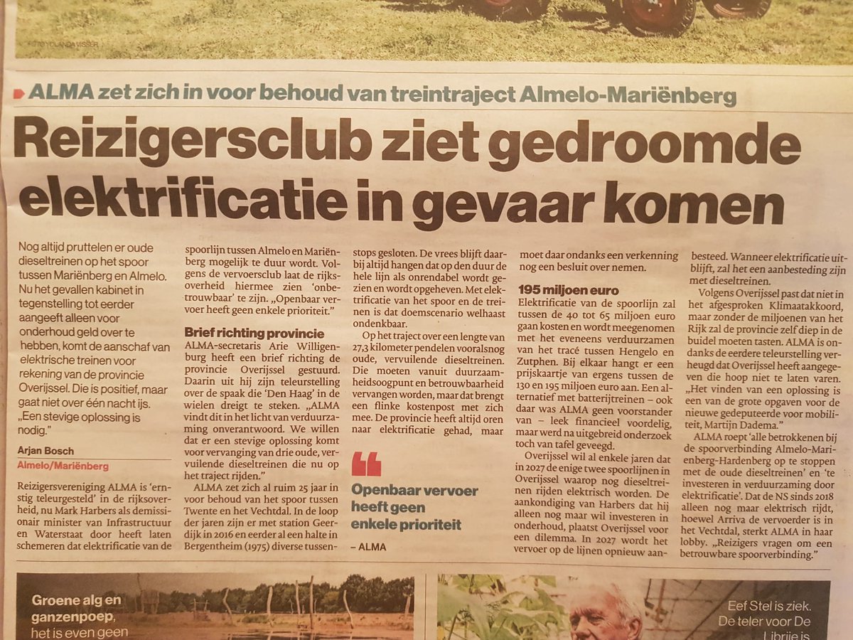 cdgkampen's tweet photo. @BasEickhout ReizigersALMA is teleurgesteld in het besluit van Minister Harbers om geen cofinanciering(Green Deal !) te geven aan de provincie Overijssel voor elektrificatie van het 26.3 km spoor. De lijn Almelo -Hardenberg is een cruciaal onderdeel van de netwerk- verbinding Enschede -Emmen https://t.co/ngizlrr251
