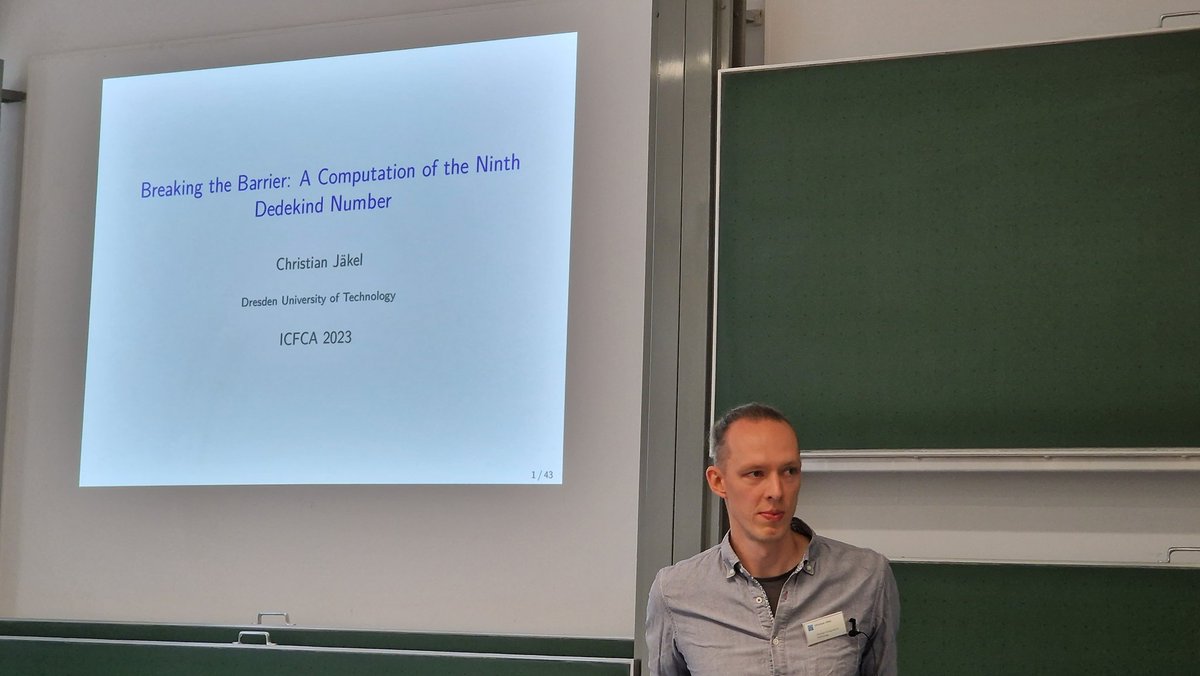 weakmath's tweet photo. Now at #ICFCA2023: #Late #Breaking Talk by Christian Jäkel on《Breaking the Barrier: A Computation of the Ninth #Dedekind Number》#WorldRecord #FCA #Applied #Discrete #Maths https://t.co/dVbl1qCEzm https://t.co/PUcr8CKbH2