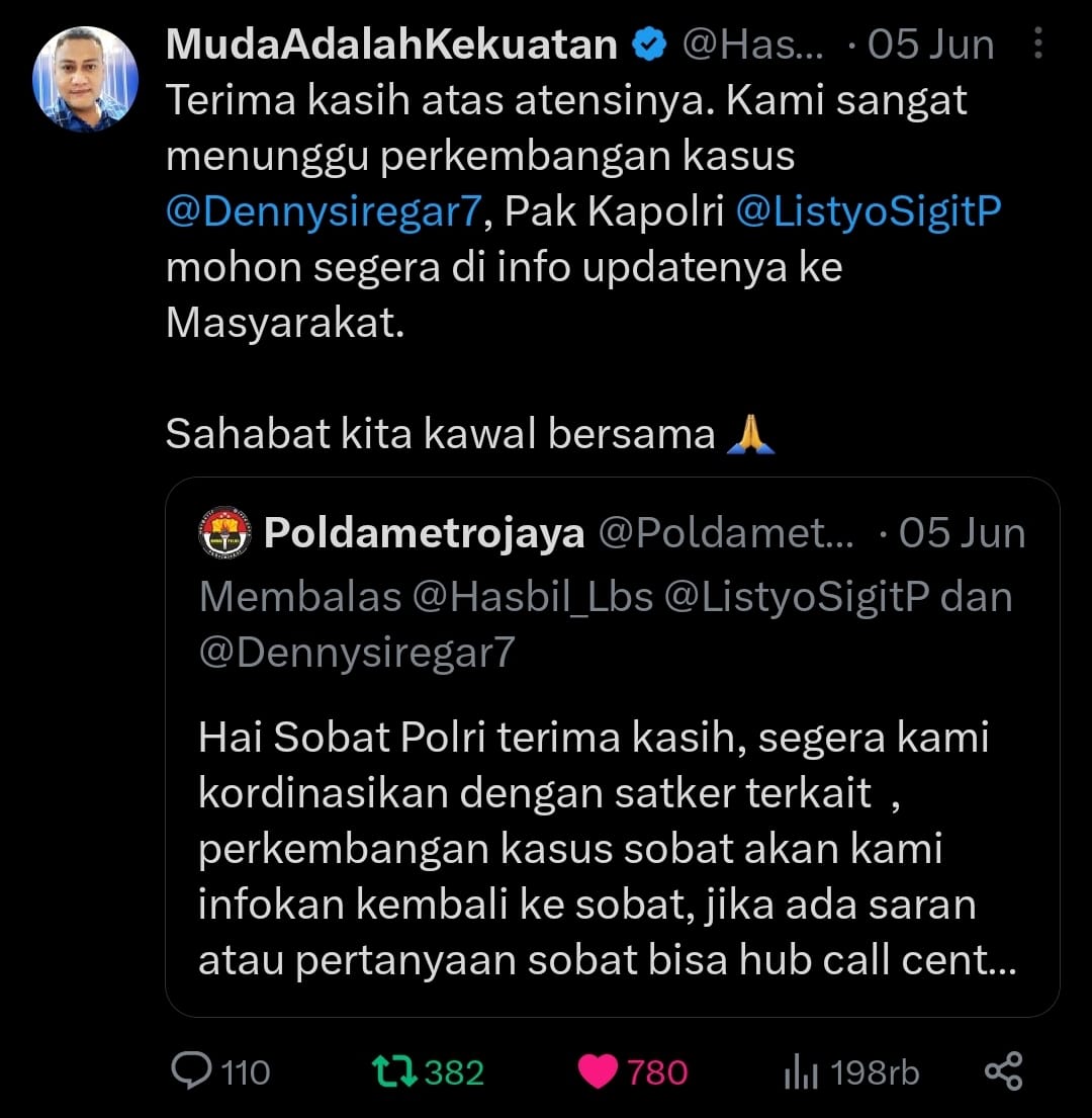 Hasbil_Lbs's tweet photo. Pak Kapolri @ListyoSigitP, Kami hanya mempertanyakan dugaan tindak pidana yg di lakukan saudara @Dennysiregar7, di lanjut atau di stop?

Sahabat, bantu Up lagi, sampai kita benar2 mendapatkan jawabannya, sudah 1 bulan lebih kita mempertanyakan kasus ini. 

#PolriPresisi2023 https://t.co/KJAeSPzbXk