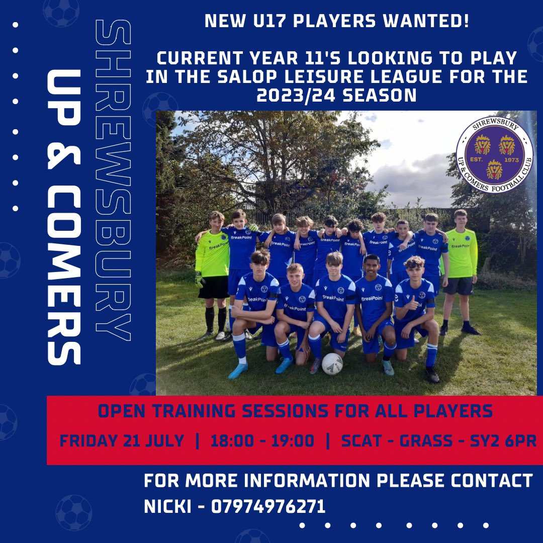 ‼️ OPEN TRAINING FOR U17 PLAYERS ‼️

🔷 Friday 21st July
🔷 Current Year 11’s
🔷 18:00 - 19:00
🔷 London Road Sports Centre (Grass)

See the advert for contact details! 📲