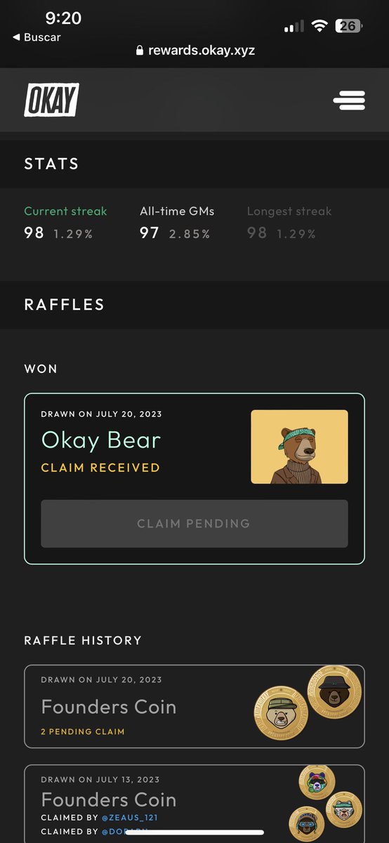 I have fun with the GM game of #OKAYBear I wanted to win a Founders Coin but 98 days GM streak later i just wake up to check that i won a BEAR❤️🏆🐻 I’M IN “I’m literally shaking”🥹🤣 I can’t stop checking my wallet to see my bear😂