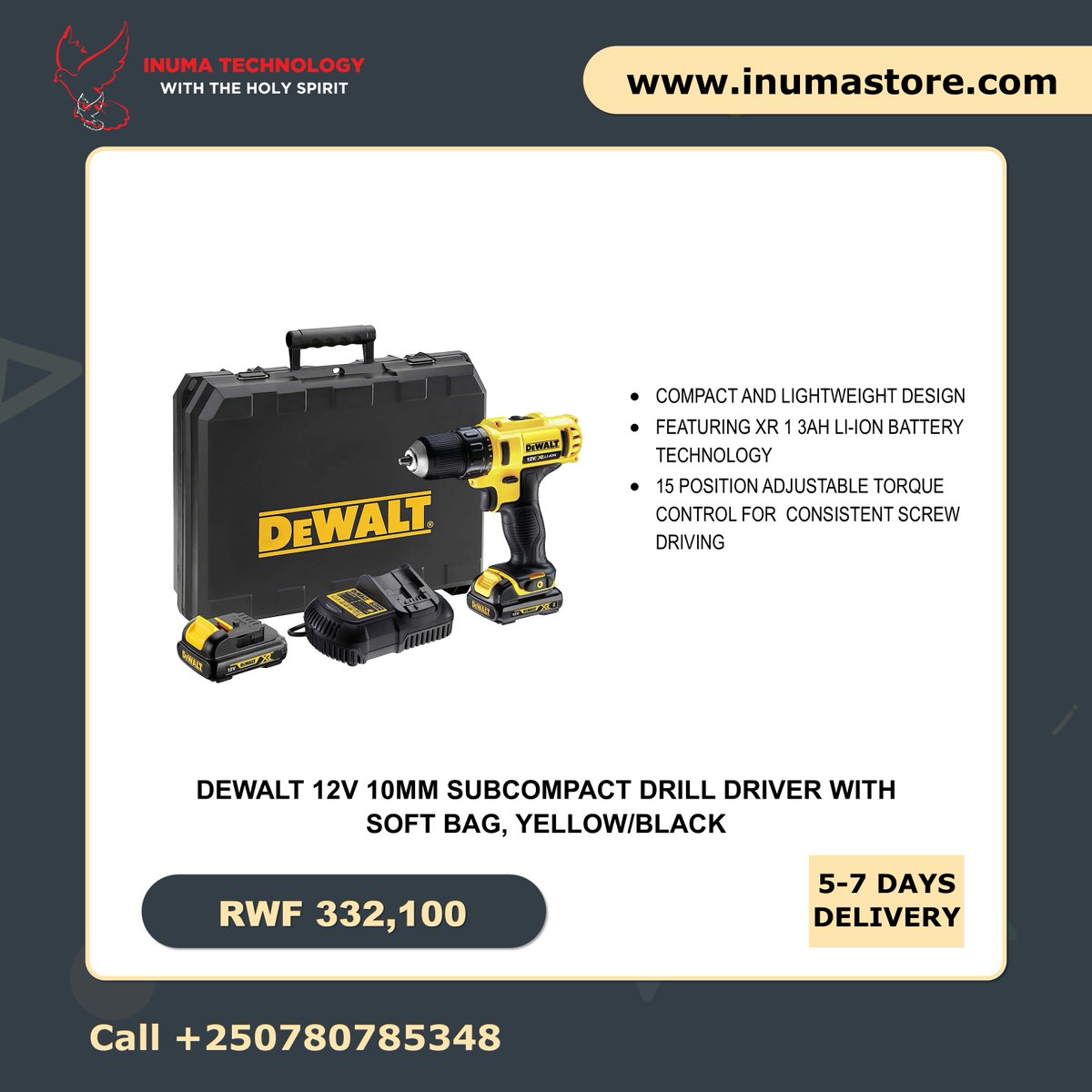 InumaTechnology's tweet image. #RwOT 
For ultimate portability and ease of use.

Meet Dewalt 12V drill driver.

It is designed for precision applications and features a bright LED positioned on the foot to illuminate all work areas.

You can order this from Amazon.com at inumastore.com.