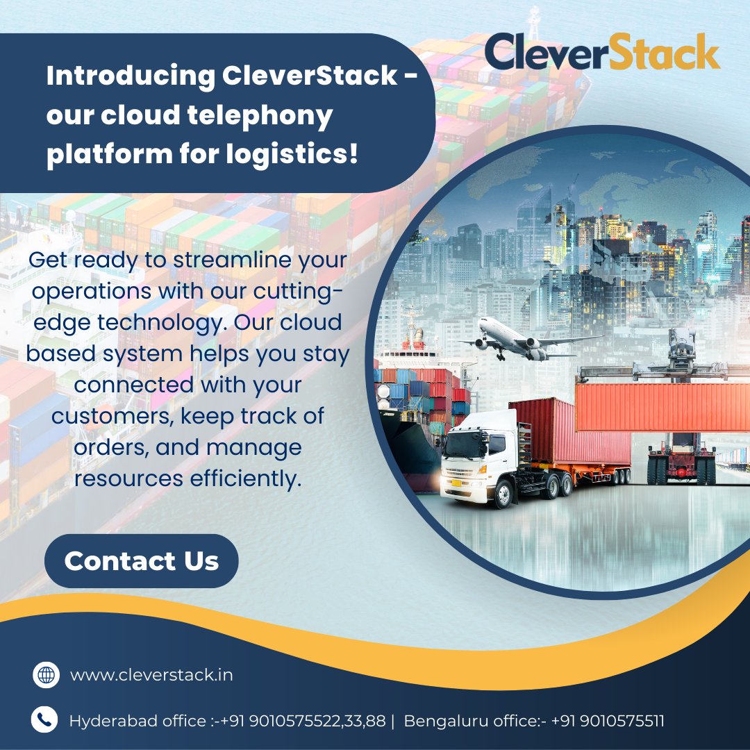 clever_stack's tweet image. Try it out today and see how easy it is to optimize your logistics operations with CleverStack 
cleverstack.in
Hyderabad office :-+91 9010575522,33,88 | Bengaluru office :-+91 9010575511
#cleverstack #logistics #BestCloudTelephonyServiceProviderinIndia #cloudtelephony
