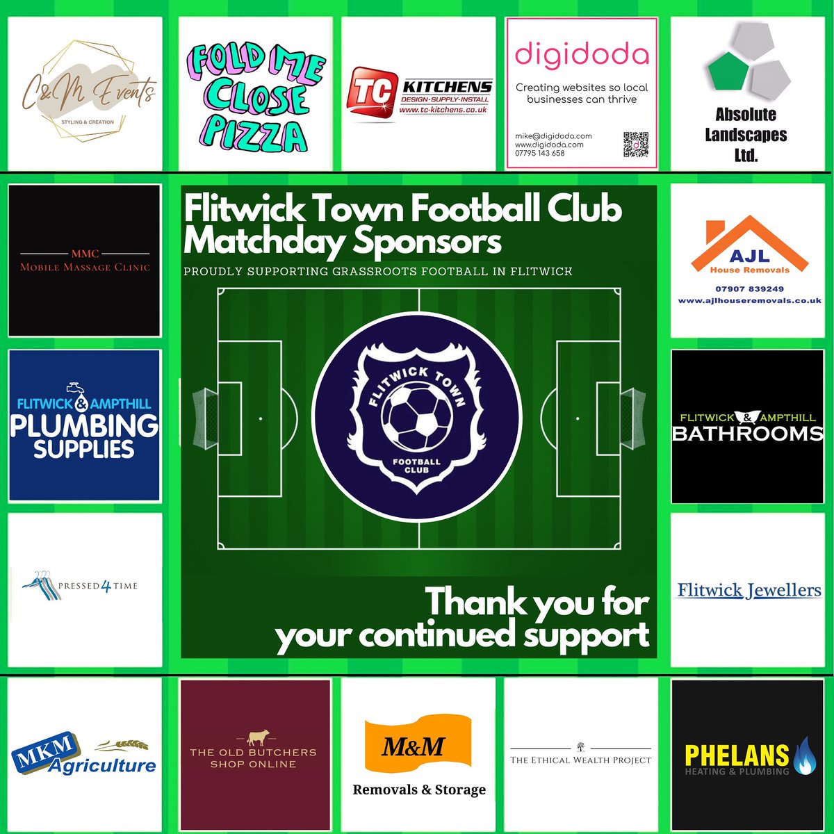 Flitwick Town Football Club are delighted to announce our matchday sponsors for the 2023/2024 season‼️

We are proud and grateful to have such engaged local businesses supporting grassroots football in Flitwick 

On behalf of the club we would like to express our thanks 💙