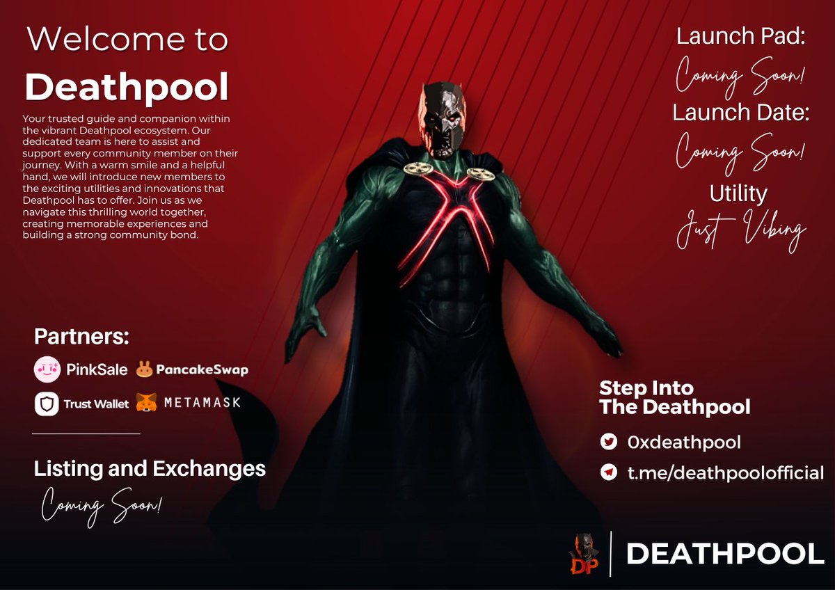 0xdeathpool's tweet photo. 🚀 Exciting News! 🚀 🎉

🔥 #Deathpool is coming soon! 🔥 Get ready to dive into the world of meme tokens with this brand new gem! 🌟💎 Don't miss out on the action! 
#Crypto #DeFi #MemeToken #ComingSoon https://t.co/VzSASlNlhc