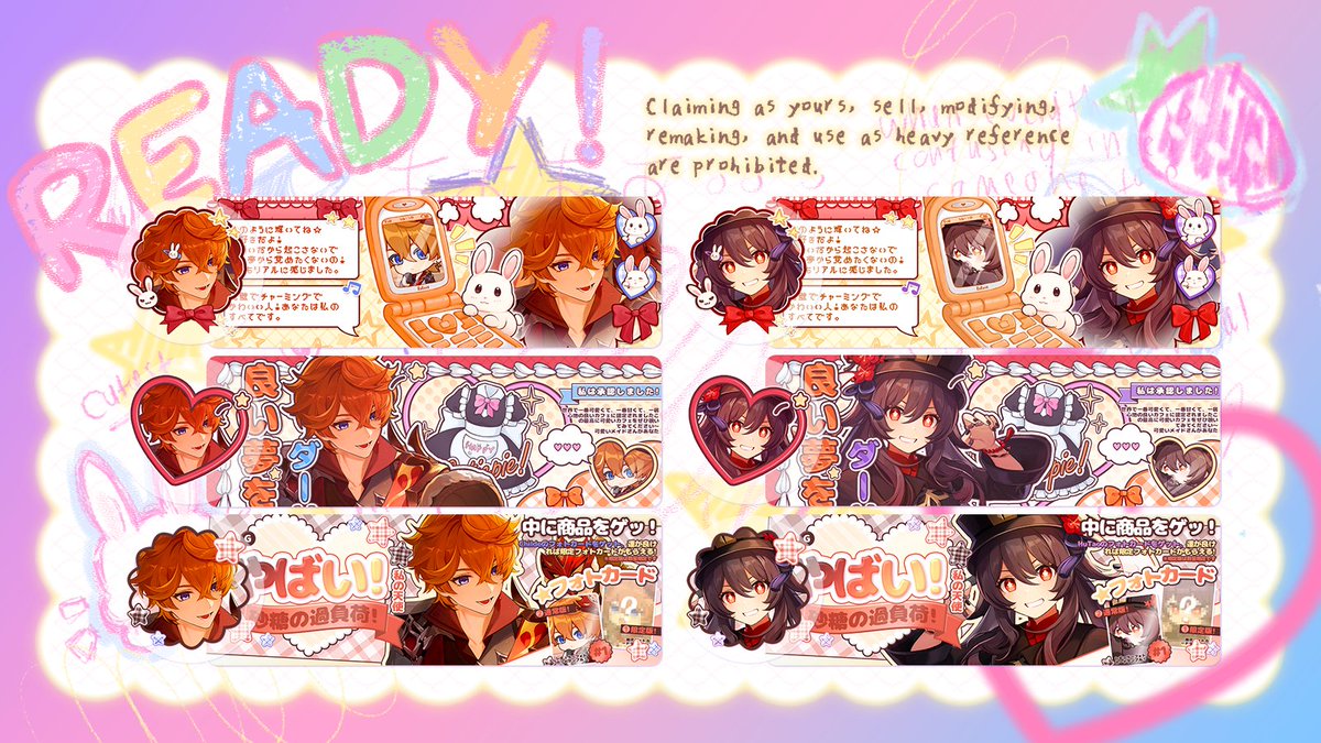 any interactions r appreciated! 🐰🎀

hiii!! aku ada ready stock layout childe &amp; hu tao impact nihh buat jam 18:00 WIB nantii! boleh booking duluan juga with additional fee 3k/each mulai dari jam 15:00 WIB! pricenya tertera di alt yahh! ayok jajaannn 💗

#zonauang #zonaba #zonabu
