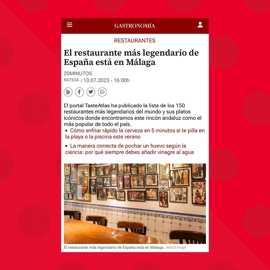 ElPimpiMalaga's tweet photo. "El Pimpi es una institución querida y venerada por su cocina y cultura andaluzas, un centro de auténticos sabores españoles que alberga espectáculos de flamenco y exposiciones de arte"

El Pimpi, el restaurante más legendario de España. ❤️

📩 reservas@elpimpi.com
☎️ 952 225 403 https://t.co/hFTP2T6mly