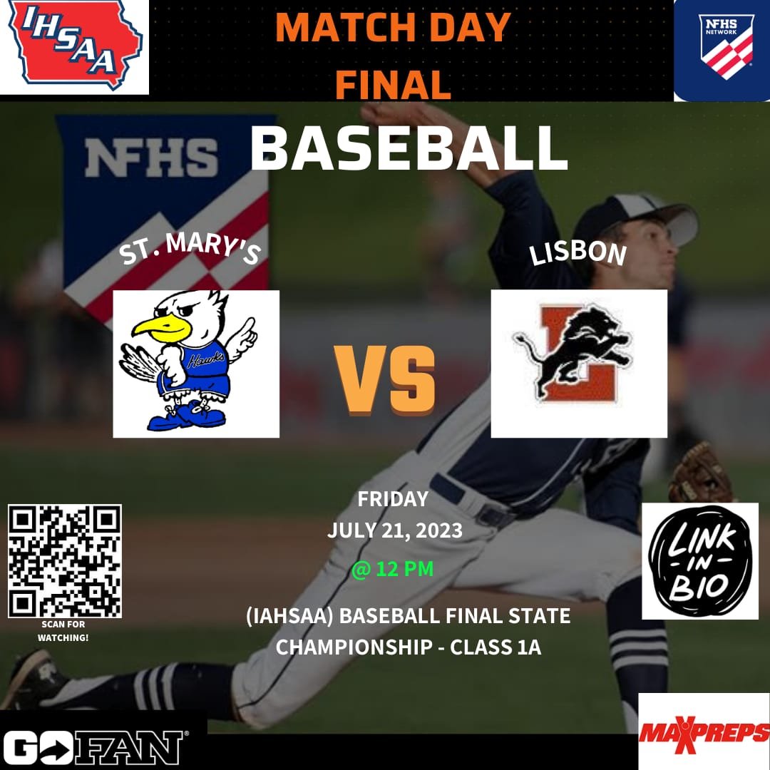 IAHSAA SPORT (@iahsaa_sport) on Twitter photo 🏆2023 IHSAA FINAL BASEBALL - CLASS 1A
⚾ST.MARY'S🆚LISBON
📺Live Stream On: bit.ly/Livestreamhsba…
🗓 Today
⏰12 PM
<a href="/LisbonCSD/">LisbonCSD</a> <a href="/LisbonBASE/">Lisbon Baseball</a> <a href="/LHSBaseballBS/">Lisbon Barstool</a> <a href="/LisbonWrestling/">Lisbon Wrestling</a> <a href="/mczarnecki4/">CZAR</a> <a href="/CohenKamaus/">Cohen Kamaus</a> <a href="/RSMSchools/">Remsen St. Mary's</a> <a href="/RSMBaseball/">St.Mary's Baseball</a> <a href="/Hunterpick_/">Hunter Pick</a> <a href="/Alexschroed2/">Alex Schroeder</a> <a href="/TylerDelperdang/">Tyler Delperdang</a> <a href="/jbunks_9/">Jack Bunkers</a> 🏆2023 IHSAA FINAL BASEBALL - CLASS 1A
⚾ST.MARY'S🆚LISBON
📺Live Stream On: bit.ly/Livestreamhsba…
🗓 Today
⏰12 PM
<a href="/LisbonCSD/">LisbonCSD</a> <a href="/LisbonBASE/">Lisbon Baseball</a> <a href="/LHSBaseballBS/">Lisbon Barstool</a> <a href="/LisbonWrestling/">Lisbon Wrestling</a> <a href="/mczarnecki4/">CZAR</a> <a href="/CohenKamaus/">Cohen Kamaus</a> <a href="/RSMSchools/">Remsen St. Mary's</a> <a href="/RSMBaseball/">St.Mary's Baseball</a> <a href="/Hunterpick_/">Hunter Pick</a> <a href="/Alexschroed2/">Alex Schroeder</a> <a href="/TylerDelperdang/">Tyler Delperdang</a> <a href="/jbunks_9/">Jack Bunkers</a>