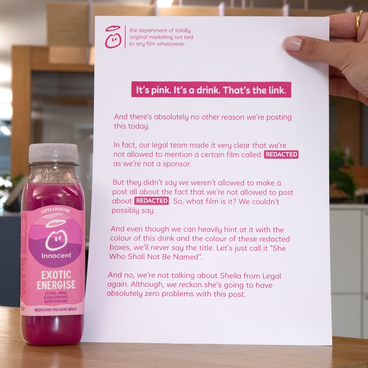 Here is an incredibly pink post that our Legal Team would like us to stress is by "no way, shape, or form, connected to any other brand/event/character/film."

Yep. Just pure, original, standalone marketing.