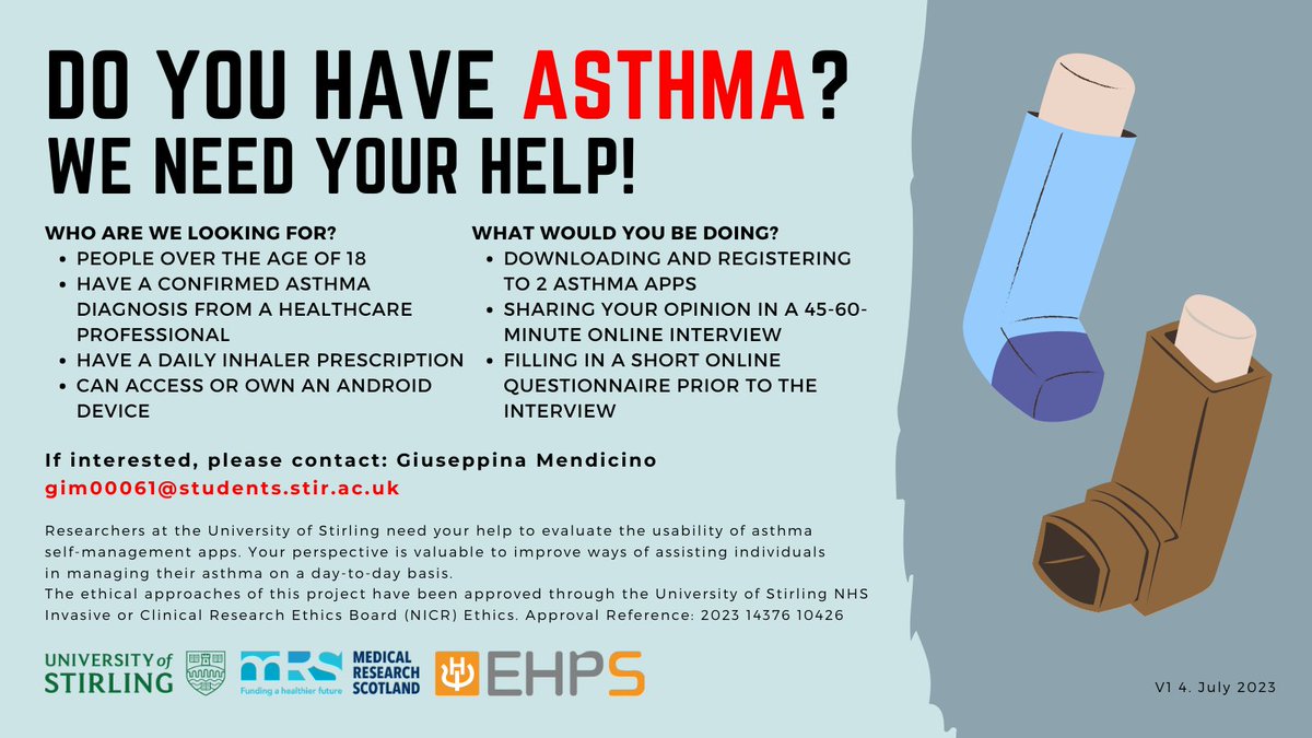Health Psychology at University of Stirling (@stirhealthpsych) on Twitter photo Do you have #asthma ? Would you be happy to help colleagues understand more about self-management of asthma? If so, please do get in touch: gim00061@students.stir.ac.uk Do you have #asthma ? Would you be happy to help colleagues understand more about self-management of asthma? If so, please do get in touch: gim00061@students.stir.ac.uk