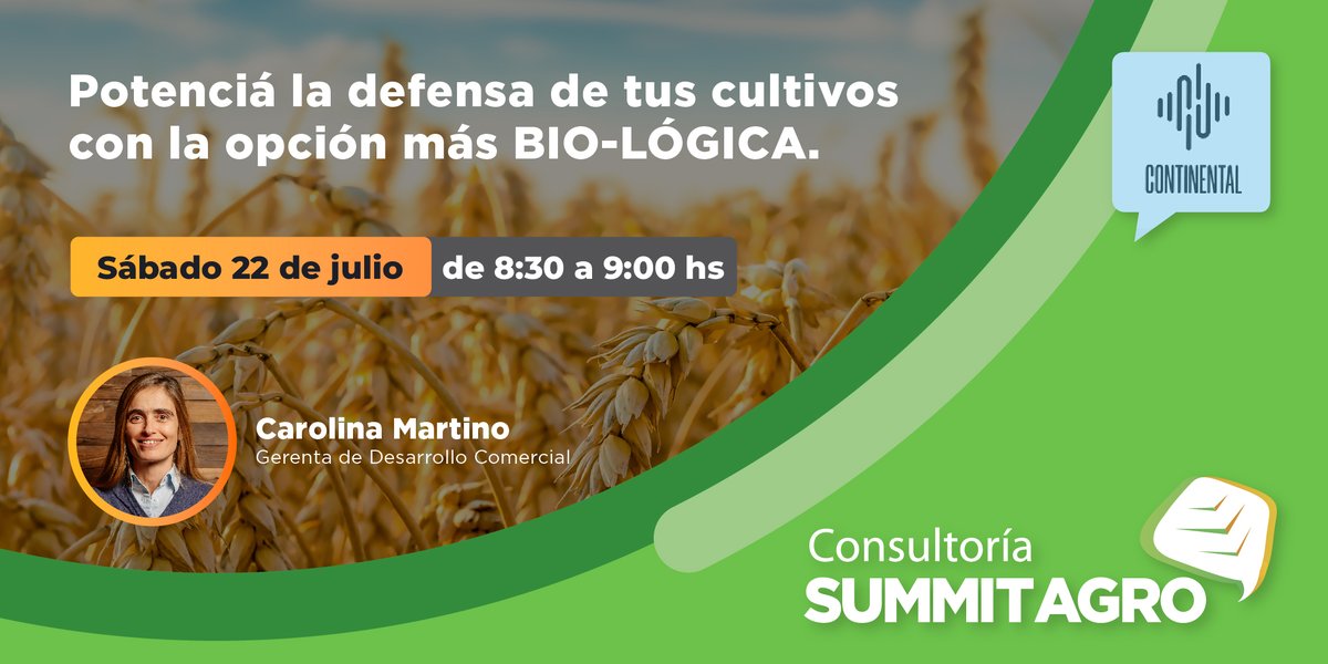 SummitAgroAr's tweet photo. 👉 Este sábado 22/07 tendremos la segunda #ConsultoríaSummit del mes en Radio Continental! 
📻 ¿Querés saber cómo potenciar las defensas de tu cultivo? Entonces, te invitamos a sintonizar @Continental590 desde las 08:30 hs!
🙌 No te lo pierdas!
.
#SummitAgro #CuidadoDeCultivos https://t.co/rit5uYzk5x