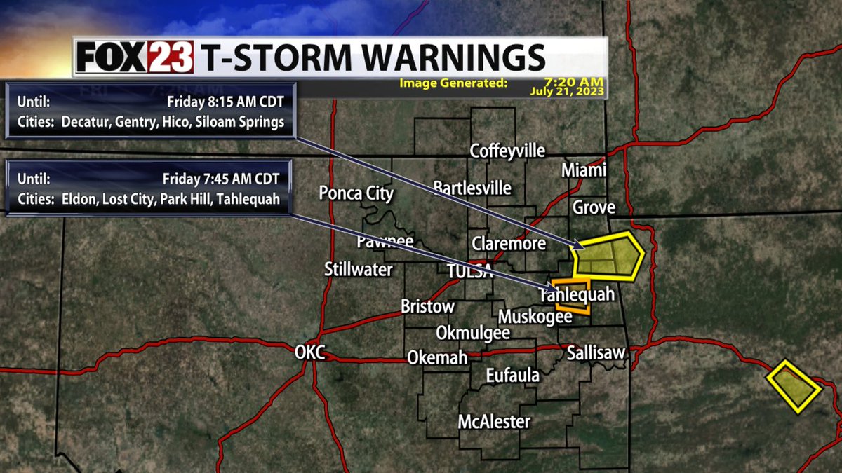 A Severe Thunderstorm Warning has been issued for Benton, Delaware, Washington, Adair, Cherokee until 7/21 8:15AM #okwx @fox23