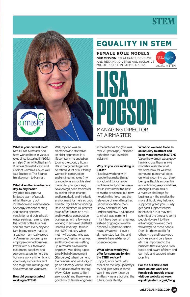 AirmasterAC's tweet image. Our MD, @LisaPogson is featured in this month&apos;s @EqualitySTEMUK Female Role Models column in @unLTDbusiness 

You can read the full article on our website...
airmaster.uk.com/article/equali… 

#EqualityInSTEM #femalerolemodels