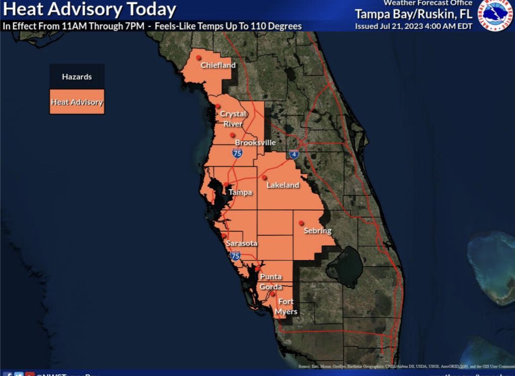 AlertTampa's tweet photo. Heat Advisory in effect today from 11AM to 7PM (7/21/23) 🥵 

Near-record warm and humid conditions expected, with heat index values (“feels-like temperatures”) reaching up to 107° for @CityofTampa. https://t.co/fgKZrnwrtl
