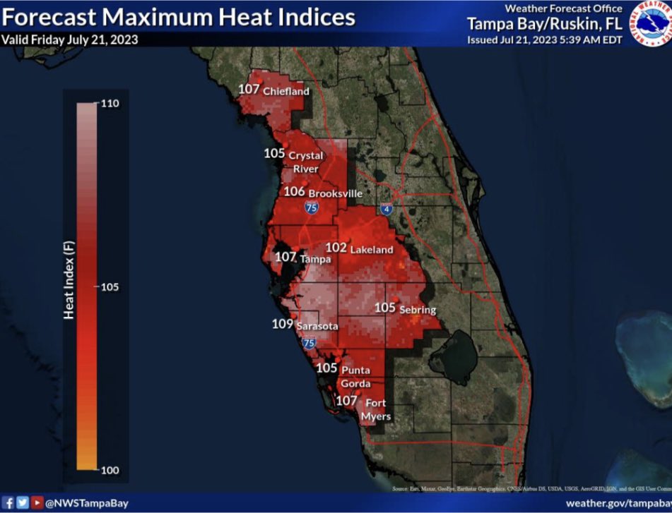 AlertTampa's tweet photo. Heat Advisory in effect today from 11AM to 7PM (7/21/23) 🥵 

Near-record warm and humid conditions expected, with heat index values (“feels-like temperatures”) reaching up to 107° for @CityofTampa. https://t.co/fgKZrnwrtl