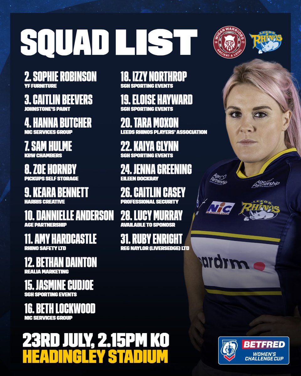 SQUAD NEWS | @LoisForsell has named her side for this Sunday's @Betfred Women's @TheChallengeCup semi-final against @WiganWarriorsRL at Headinhley. MORE: tinyurl.com/2p8zwr6k #LeedsRhinosWRL | #TeamRhinos