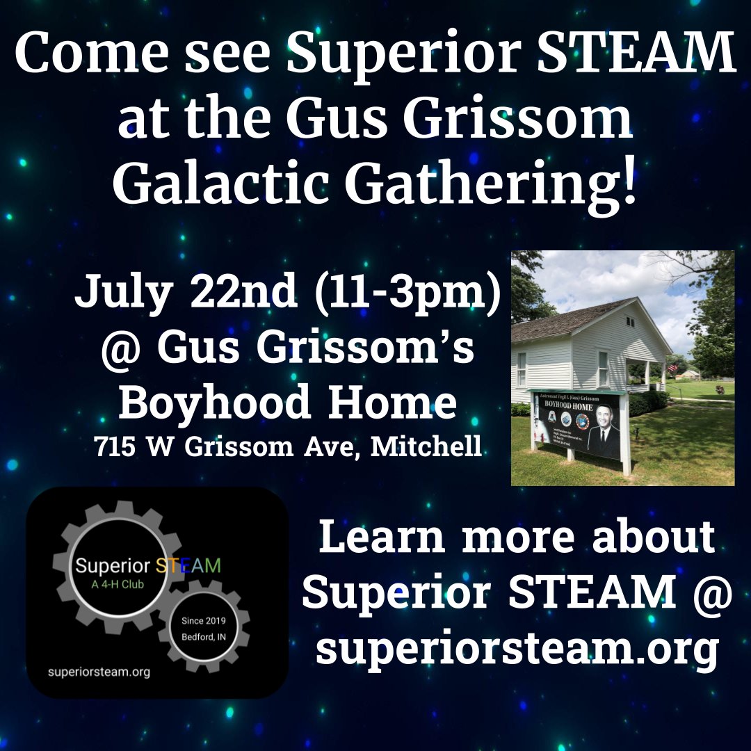 Come and see us tomorrow at Gus Grissom Boyhood Home 11am-3pm! FREE tours of his boyhood home will also be happening. Check it out!
#morethanrobots #4HGrowsHere