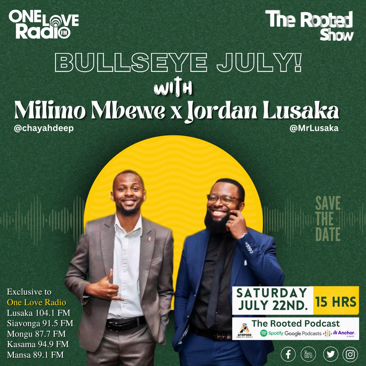 ShowRooted's tweet image. 𝐏𝐥𝐞𝐚𝐬𝐞 𝐃𝐨𝐧't 𝐒𝐥𝐞𝐞𝐩 🫰🏿🫰🏿 Amazing guests Milimo Mbewe, Jordan Lusaka. Adulting, PDS, 14 years of friendship &amp;amp; more. ✨ July 22nd, 3:00 PM. Tune in: onelovezambia.com 📻 #OneLoveRadioZambia 

#BullseyeJuly #RealConversations