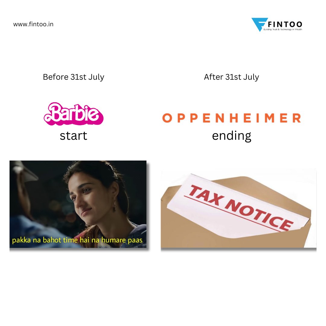 File your ITR today with Fintoo to avoid the consequences of #Oppenheimer. 

#barbie #barbenheimer #itr #Fintoo #AskFintoo #incometax #incometaxreturn #ca #incometaxfiling #incometaxindia