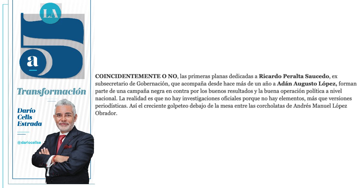 dariocelise's tweet photo. #LaQuintaTransformación
Coincidentemente o no, las primeras planas dedicadas a Ricardo Peralta Saucedo, ex subsecretario de Gobernación, que acompaña desde hace más de un año a @adan_augusto, forman parte de una campaña negra.
https://t.co/RZ16YfjOA2 https://t.co/MxBak2ikg4
