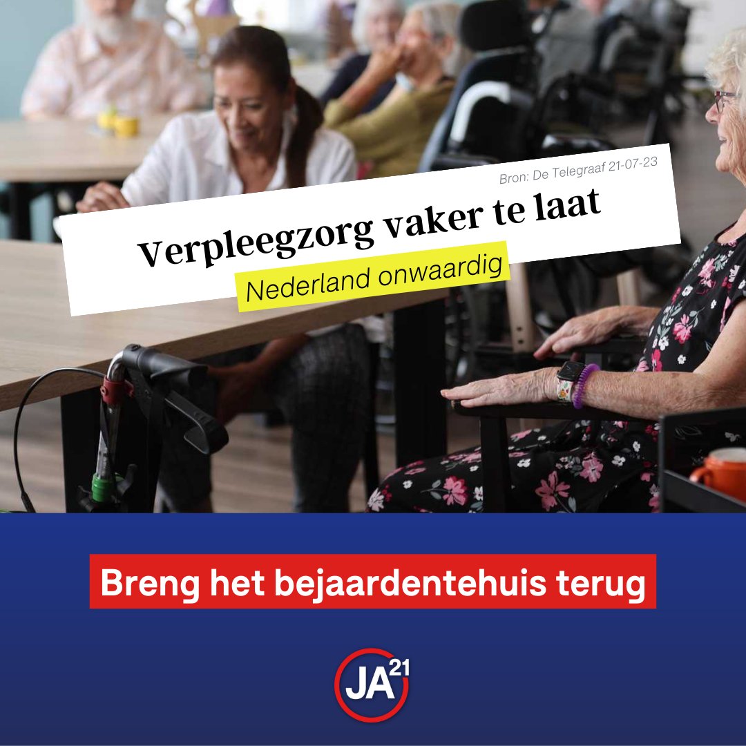 Vanwege tekorten in de verpleeghuiszorg gaat een deel van de ouderen sneller achteruit en overlijdt eerder. JA21 wil de terugkeer van het bejaardentehuis! In een eigentijdse tussenvorm, zodat er voor onze ouderen meer keus is dan thuis of het verpleegtehuis.
