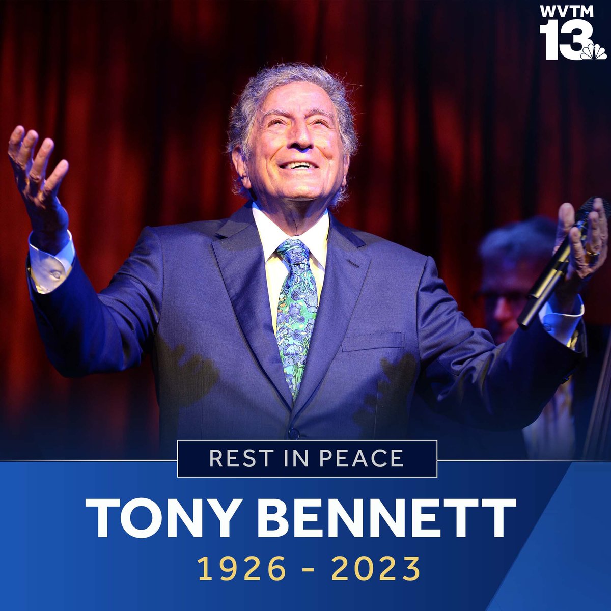 WVTM13's tweet photo. Tony Bennett, the traditional pop and jazz singer known for songs such as "The Way You Look Tonight" and "I Left My Heart in San Francisco," has died. He was 96 years old. A look at his legacy: https://t.co/3mAhXoqfA6 https://t.co/5Irffd8NLI