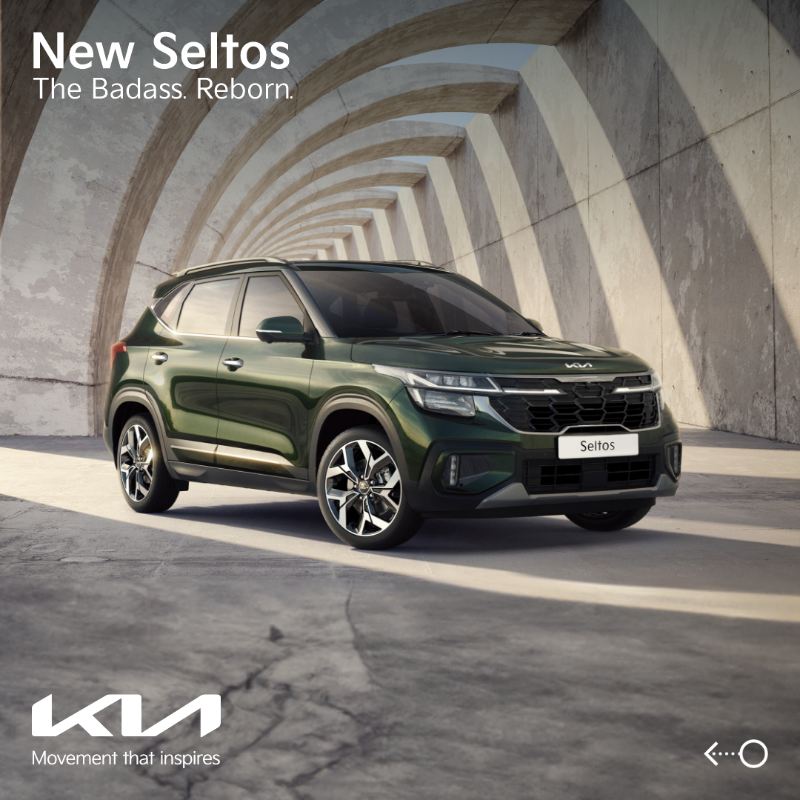 KiaInd's tweet photo. Dominating. Unyielding. Confident.

#TheNewSeltos is here to take you on an exhilarating journey with its advanced features &amp; edgy design.

Book now to avail the special introductory price starting at just ₹ 10 89 900*

*T&amp;C apply. Ex-showroom price all India.

#TheBadassReborn