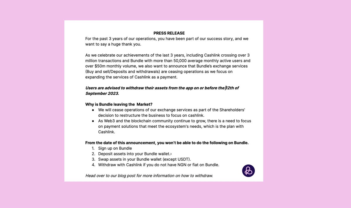 Emmanuelbabzz's tweet image. 1/ This afternoon, news broke about the cessation of Bundle’s operations in Africa. Irrespective of this early exit, Bundle Africa has made its mark on the African continent, growing to become the top local crypto app by market share and retail volume, providing our users with