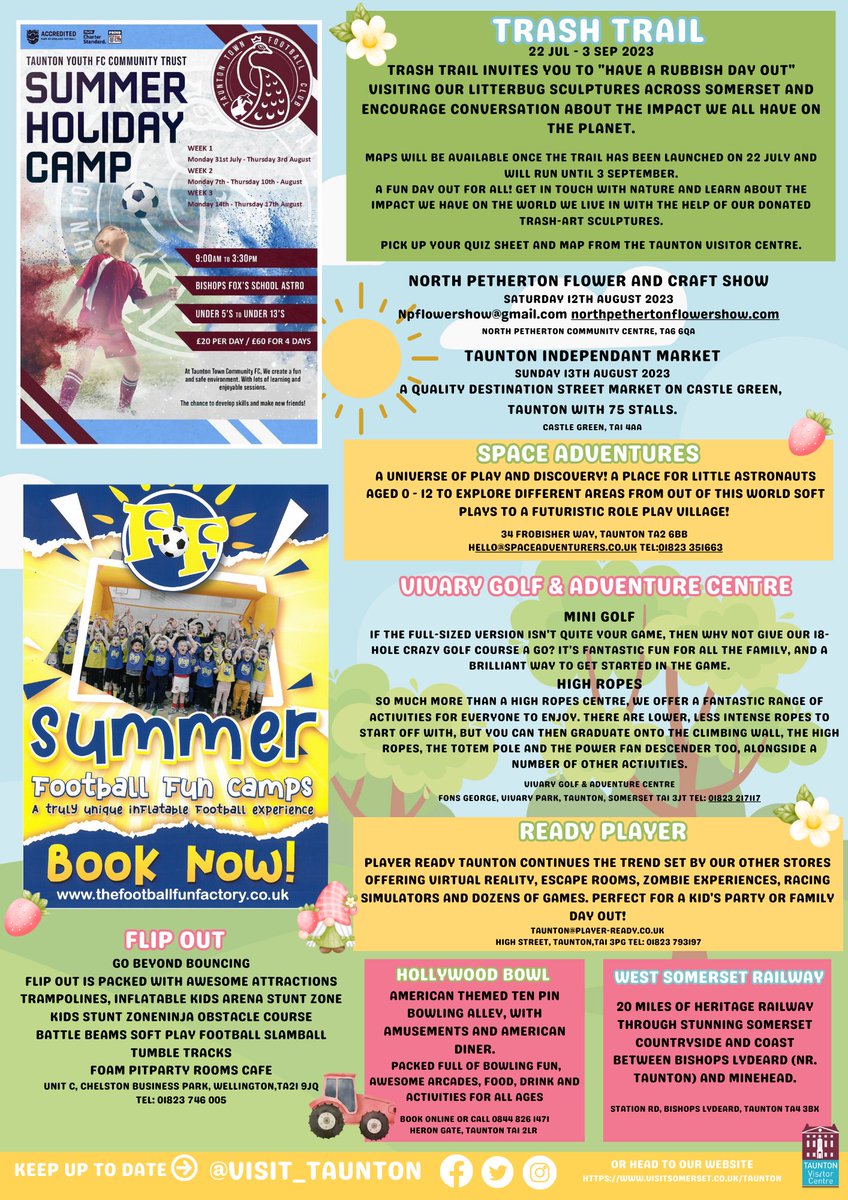 The Summer Holidays are now upon us. Here are some of the top things to do with kids this Summer Holiday in Taunton and the surrounding area...
Summer Holidays in Taunton "Whats on" HERE or pick up a copy from us at the Taunton Visitor Centre
📷📷📷📷📷📷📷