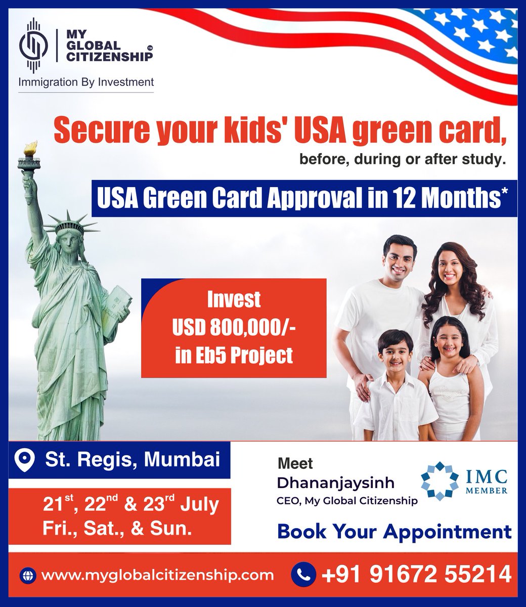 MyGlobalPR's tweet photo. Secure Your Kids' #USA #GreenCard! Invest USD 800,000 in an EB5 project for USA green card approval in 12 months*.

Meet Dhananjaysinh Chudasama at St. Regis, Mumbai on the 21st, 22nd, and 23rd of July 2023. Book now!

Click here to book - https://t.co/EWGAnKLxZh

#eb5 https://t.co/DbfsvP2qp2