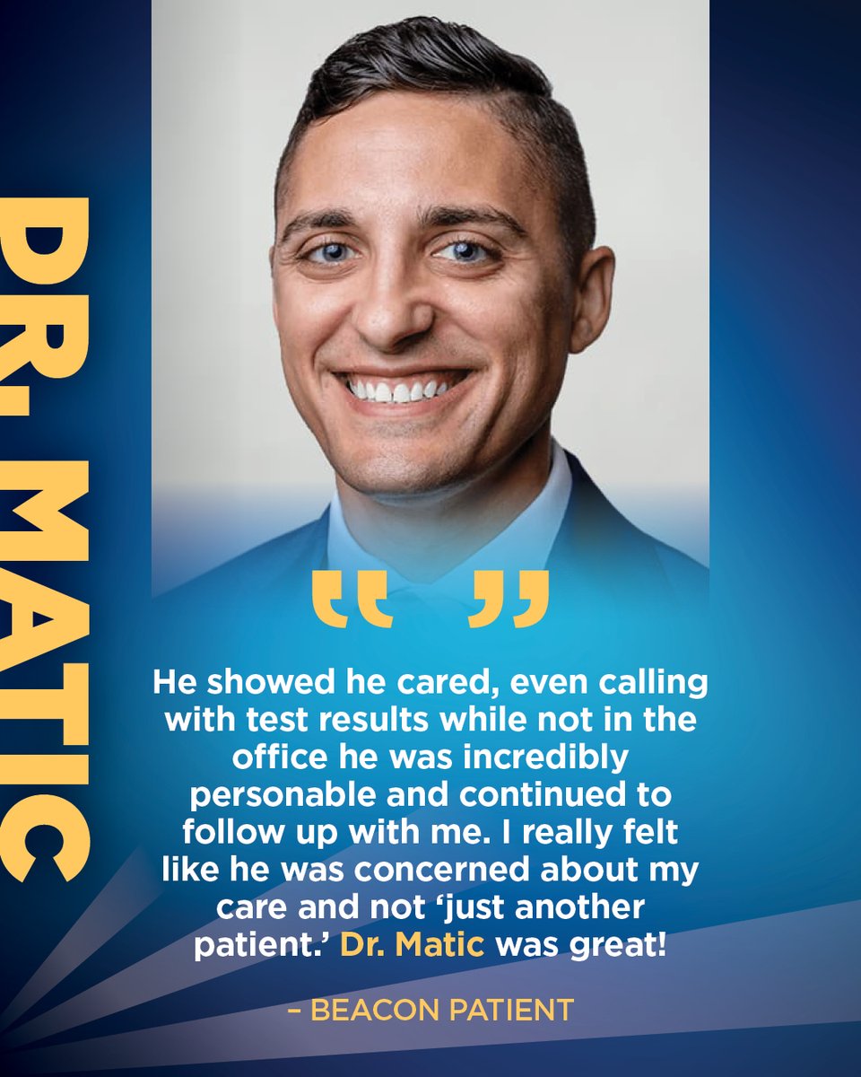 BeaconOrtho's tweet photo. "I really felt like he was concerned about my care and not 'just another patient.'"

That's the #BeaconDifference all of our physicians strive for! Schedule an appointment with Dr. Matic today: https://t.co/maU8oYXpcd https://t.co/K2NGOV6I7E