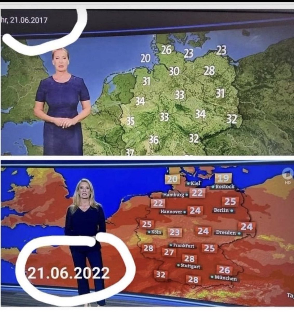 Notice how the media is using red and orange weather charts to make you live in FEAR of climate change. 

It is all PROPAGANDA. 

Take this German weather report from 2017 vs 2022 for example.

It was actually hotter in 2017 but they didn’t use the alarmist colors.

📸 <a href="/Dunnylad1/">Jack Regan</a>
