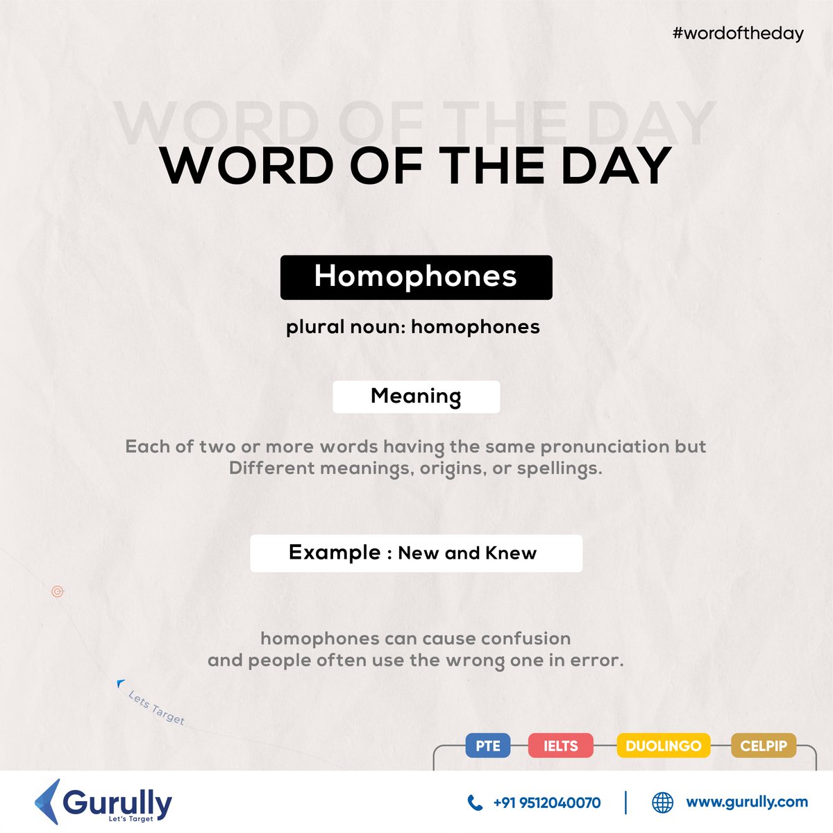 gurullyofficial's tweet photo. Word: Homophones
Plural Noun: "Each of two or more words having the same pronunciation but different meanings, origins, or spellings."
Gurullyโs Word of the Day Series!
Homophones can confuse, and people often use the wrong one in error.
#WordOfTheDay #letstarget #Gurully https://t.co/afz4TXSBM5