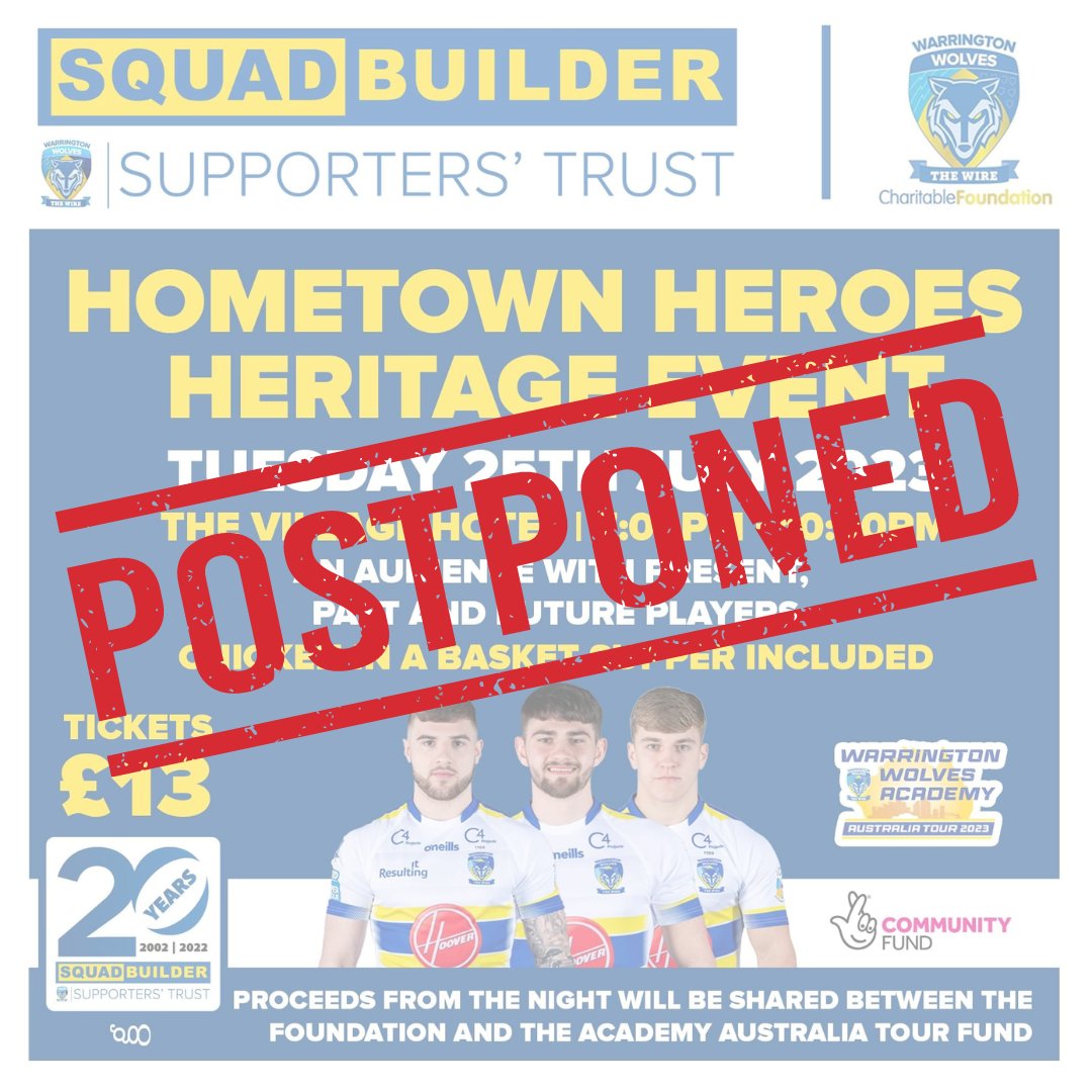 WWRLFoundation's tweet photo. Due to circumstances beyond our control, the event next Tuesday 25th July has regrettably been POSTPONED until later in the year

For those who bought tickets, you'll receive a refund and we'll keep you posted when the replacement date is announced
@WarringtonRLFC 
@WarrWolvesST https://t.co/qNwkFWov13