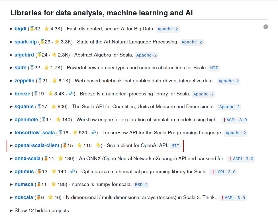 Our <a href="/OpenAI/">OpenAI</a> client made it to the best-of-scala list 🥳

Note that it's the only project < 6 months in the ML/AI section.

github.com/stkeky/best-of…