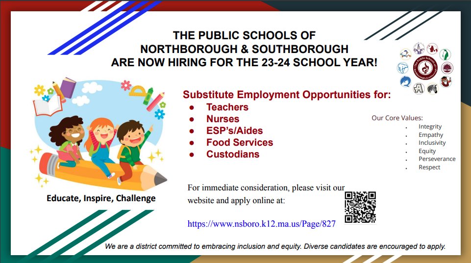 Do you know of anyone interested in becoming a substitute this school year? Now accepting applications!  nsboro.k12.ma.us/page/827