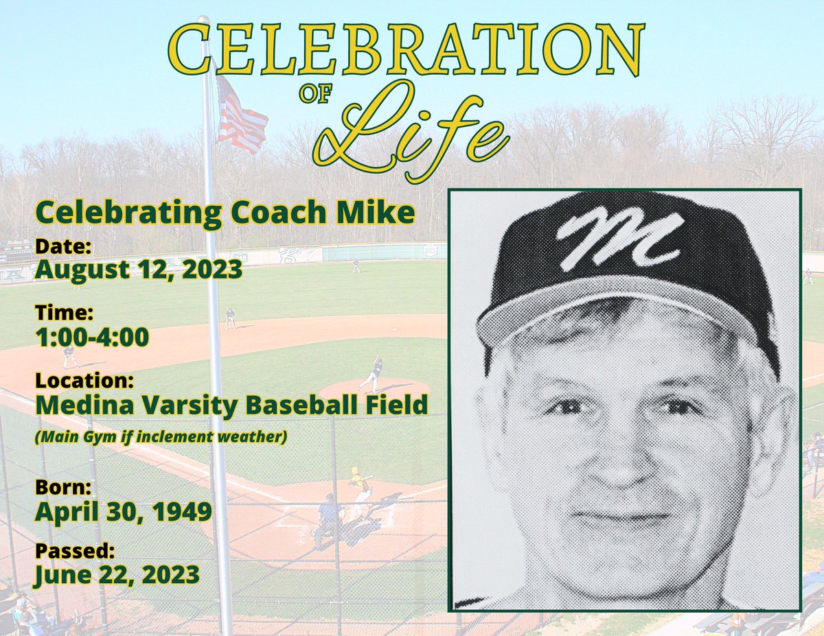 Family, friends, alumni, and Medina come honor Coach McMullen in a celebration of life being held at the baseball field.  

<a href="/medinaathletics/">Medina Athletics</a> <a href="/MedinaBoosters/">MedinaBoosters</a> <a href="/MedinaGazette/">The Gazette</a> <a href="/RickNoland/">Rick Noland MG/CT</a>