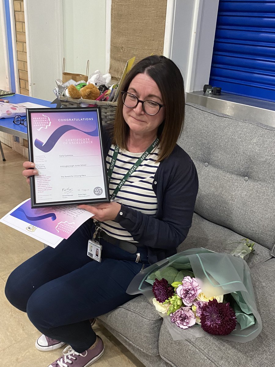 In assembly, Carly was presented with her Unsung Hero nomination award for the National Teaching Awards. We’re sure that parents and pupils will agree that this is so well deserved for all the work that she does supporting families across the schools. <a href="/MrGarley/">Mr Garley</a> <a href="/INISMrsMarshall/">Mrs Marshall</a>