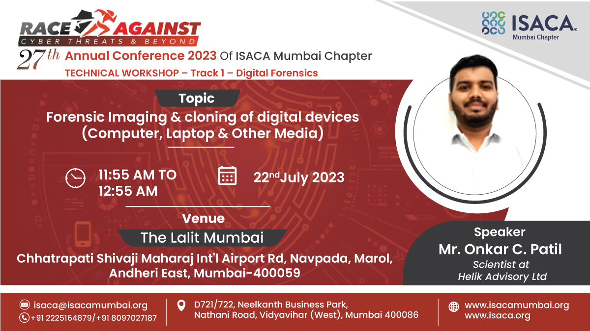 ISACA_Mumbai's tweet image. We are pleased to have Mr. Onkar Patil- Scientist at Helik Advisory Limited. as a Speaker for the 27th Annual Conference 2023 at the ISACA Mumbai Chapter. 

#isaca #mumbaichapter #cism #cisa #crisc #cgeit #cdpse #cybersecurity #informationsystems #cybersecurityawareness