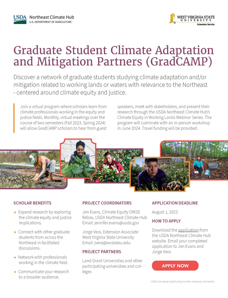 If you are a graduate student interested in
1⃣ The Northeast US 
2⃣ Climate adaptation 
3⃣ Social equity
Apply for <a href="/USDAClimateHubs/">USDA Climate Hubs</a> GradCAMP! Applications due August 1. 
climatehubs.usda.gov/hubs/northeast…