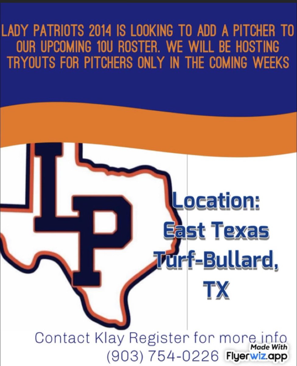 New 16u team tryouts tomorrow in Bullard @EastTexasTurf. We also have 1st year 10u team looking to add a pitcher only!  Reach out to the contacts on each flyer for each team for more information