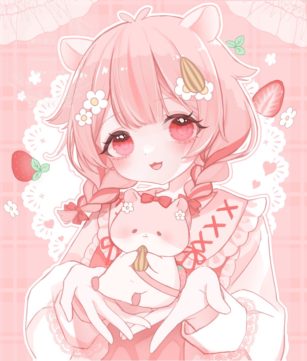 1girl twin braids pink hair animal ears fruit food hair ornament  illustration images