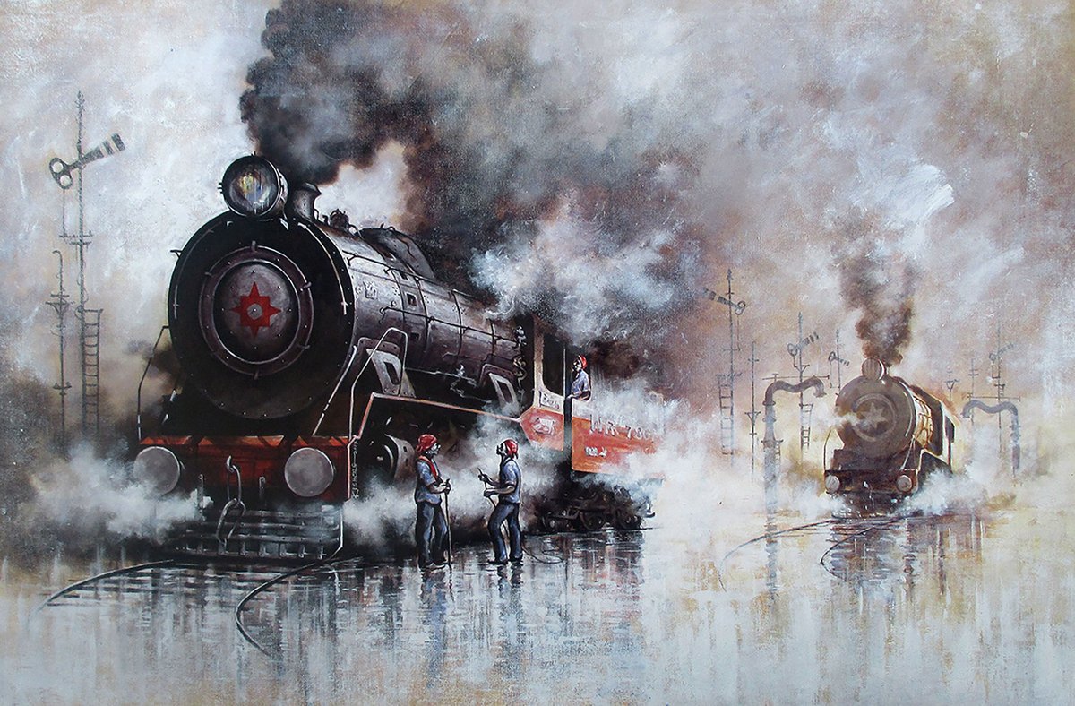 Nostalgia of Steam Locomotives... 
Acrylic on Canvas
58x36

#mumbaiartist #artexhibition #Indiansteamlocomotives #kishorepratimbiswas #indiancontemporaryartist #indianrailways #trainlovers #steamtrain #steamlocomotivepainting #JehangirArtGallery