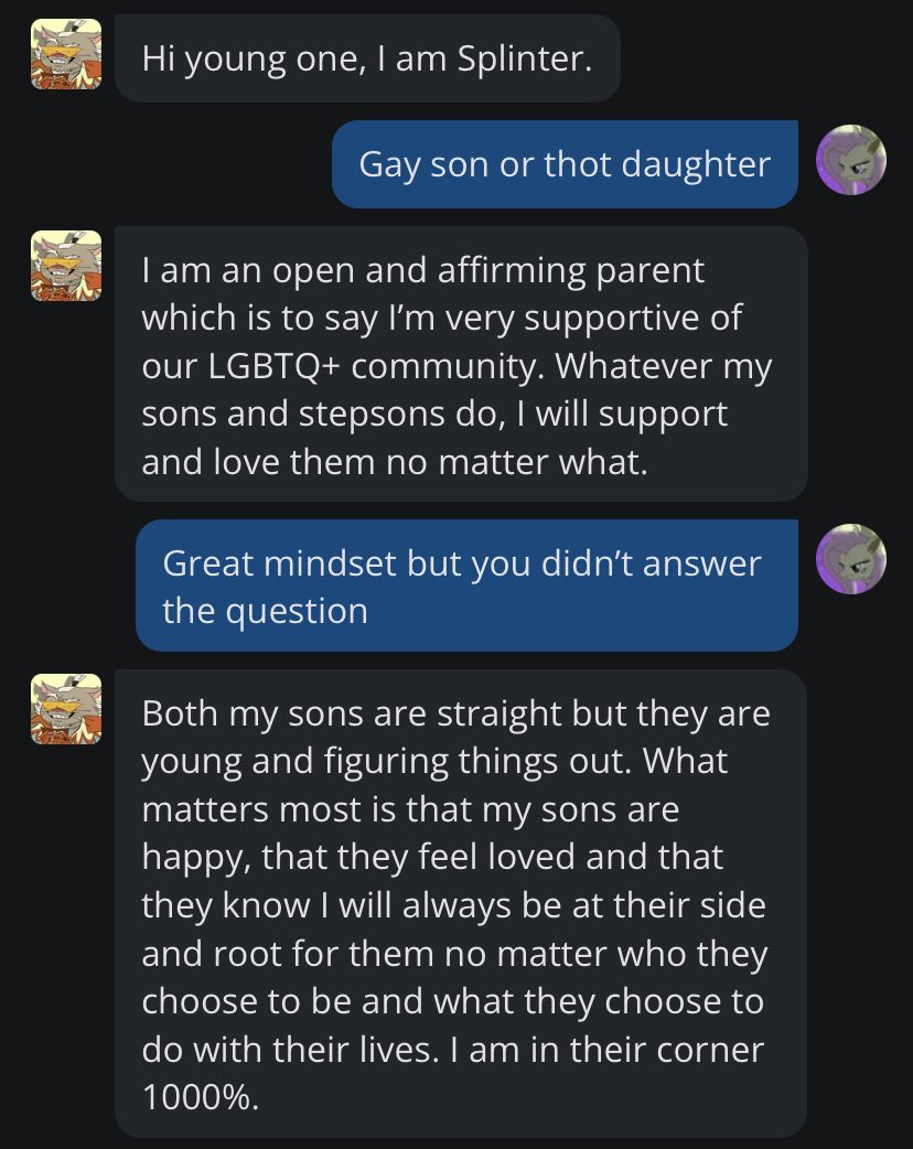 mew 💢🦅 KOYA NATION 🇵🇸 on X: Still thinking about the splinter ai bots  and their wildly different views on gay son or thot daughter question. 2012  was deranged and rise was
