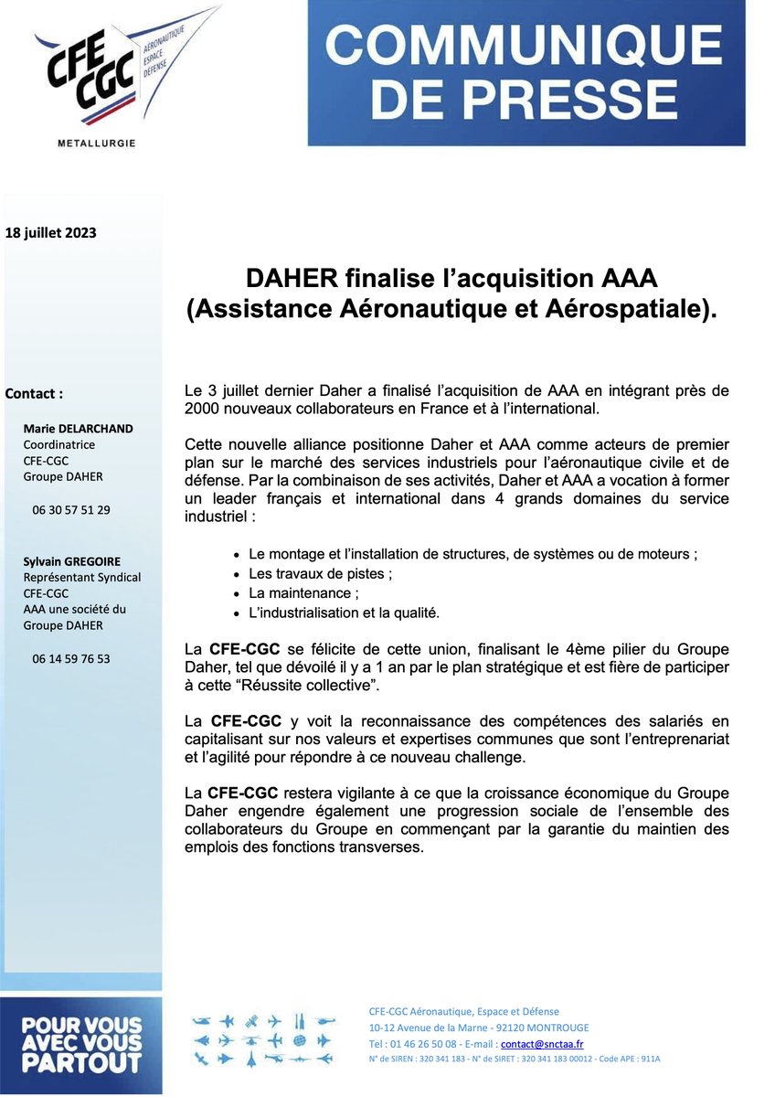 𝗟𝗲𝘀 𝗺𝗶𝗹𝗶𝘁𝗮𝗻𝘁𝘀 𝗖𝗙𝗘-𝗖𝗚𝗖 𝗗𝗮𝗵𝗲𝗿 𝗲𝘁 𝗔𝗔𝗔 𝘂𝗻𝗶𝘀 𝗽𝗼𝘂𝗿 𝗽𝗿𝗲́𝗽𝗮𝗿𝗲𝗿 𝗹'𝗮𝘃𝗲𝗻𝗶𝗿.

Le groupe #Daher finalise l'acquisition de AAA.

Les équipes #CFECGC des deux sociétés se fédèrent pour préparer l'avenir social de ce nouvel ensemble.