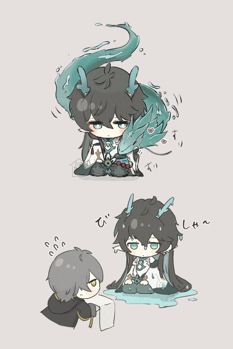 multiple boys 2boys black hair tail male focus chibi horns  illustration images