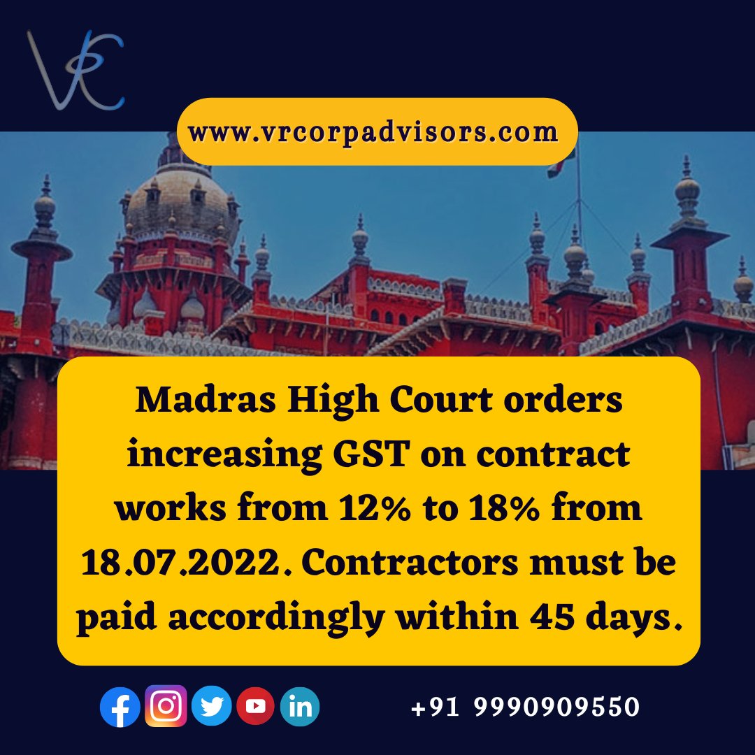 VrcorpA's tweet image. "Contract Works: GST Upgraded!" 

buff.ly/3pWZZmC 
#MadrasHC #GSTHike #ContractWorks #HighwaySector #KCPInfraLimited #FinalVerdict #gst #tax